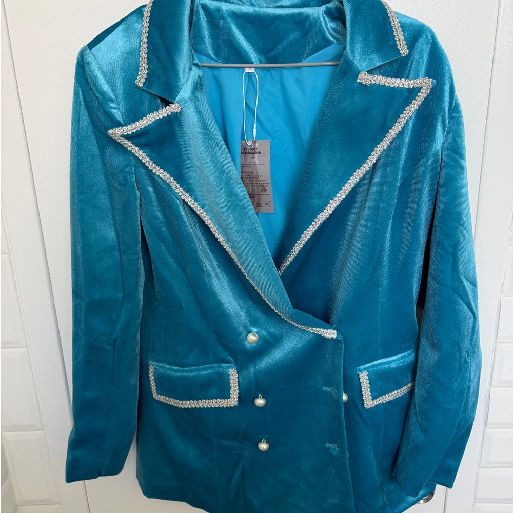 Oyrosy teal Velvet Double-Breasted Blazer with Pearl Buttons
